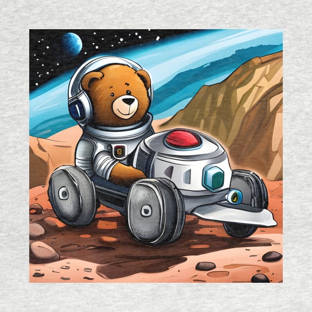 Teddy wearing a space suit riding the Mars Rover by Colin-Bentham